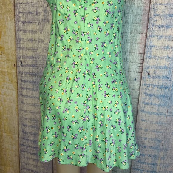 SATIN EFFECT PRINT DRESS  V-Neck Floral Mint Green Womens Dress W/ Knot Detail - Picture 9 of 9